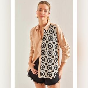 NOOT Istanbul Beige Crochet Panel Button-Up Long Sleeves Shirt Tops Sz Large